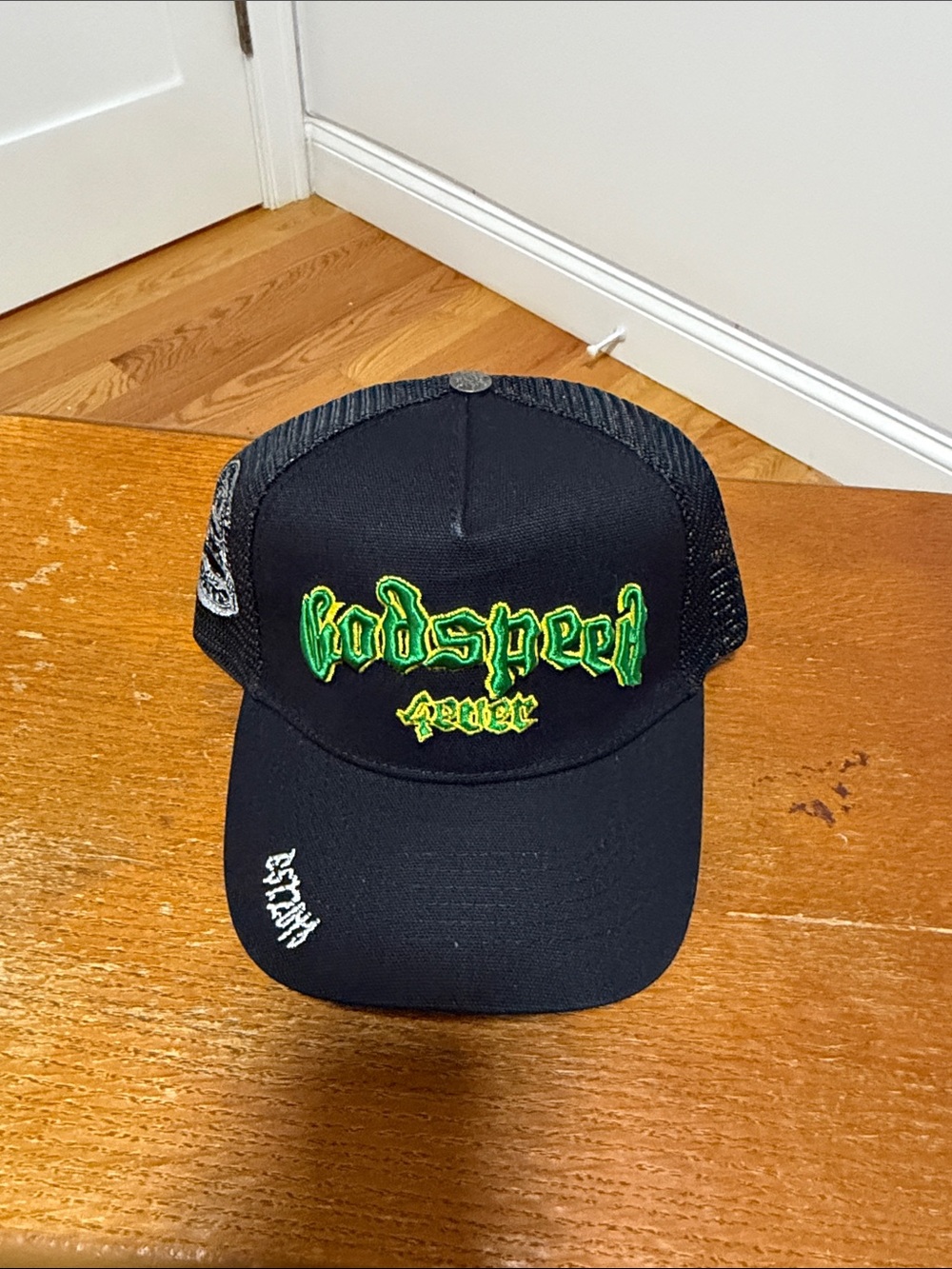 Godspeed Trucker Hat - Black with Green Embroidery
